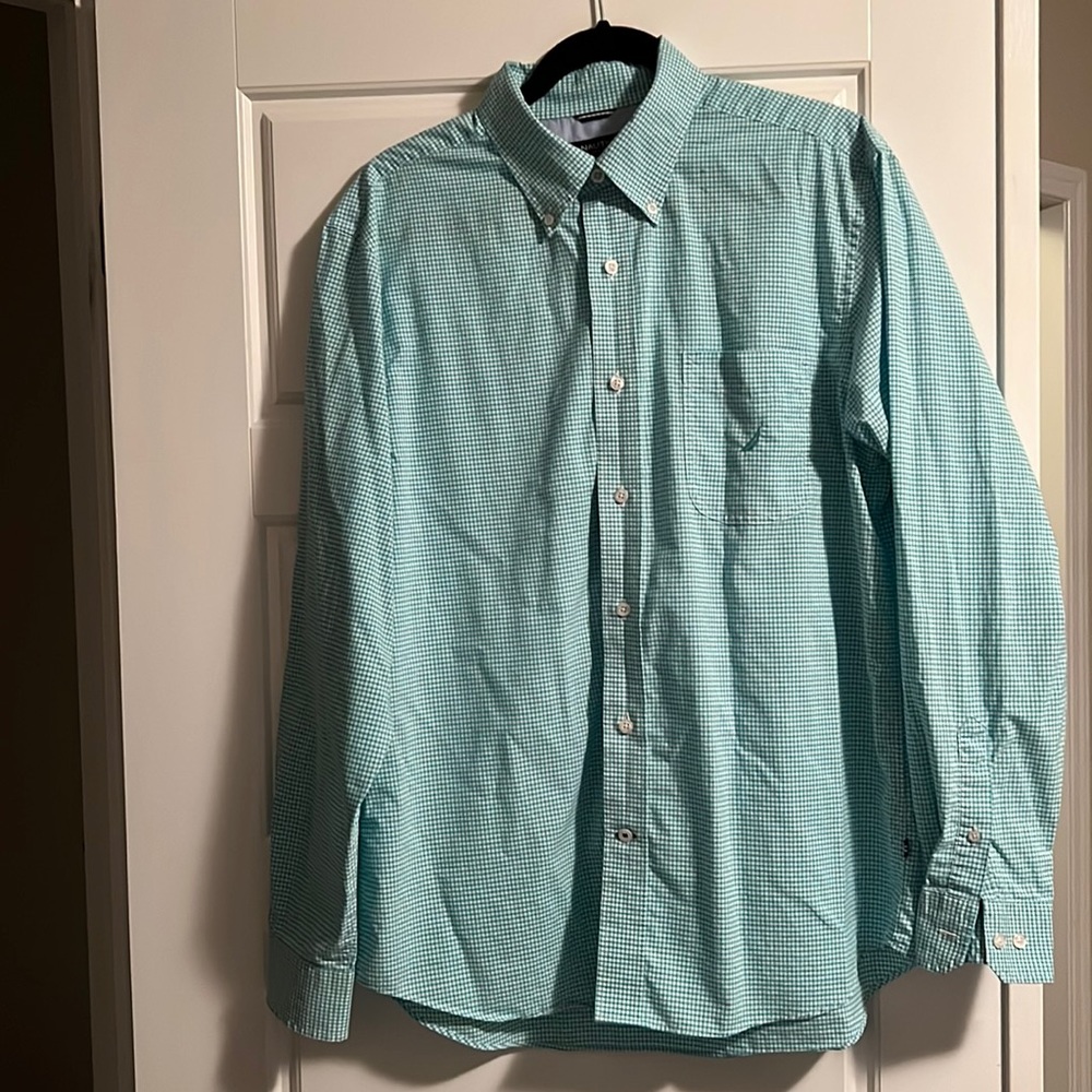 Nautica Green / White Small Checkered Dress Shirt - flaw